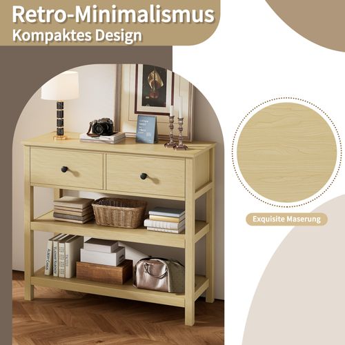 Table Console Rétro, Bois Étroit, Avec Tiroirs Et Étagères Ouvertes Pour Hall Et Salon, Naturel