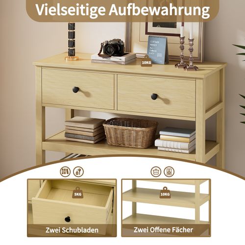 Table Console Rétro, Bois Étroit, Avec Tiroirs Et Étagères Ouvertes Pour Hall Et Salon, Naturel