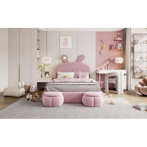 Lit Double, Velours, Lit Hydraulique, Oreilles De Lapin, Lumière Chaude Réglable, 140x200