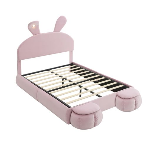 Lit Double, Velours, Lit Hydraulique, Oreilles De Lapin, Lumière Chaude Réglable, 140x200