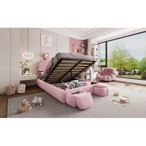 Lit Double, Velours, Lit Hydraulique, Oreilles De Lapin, Lumière Chaude Réglable, 140x200