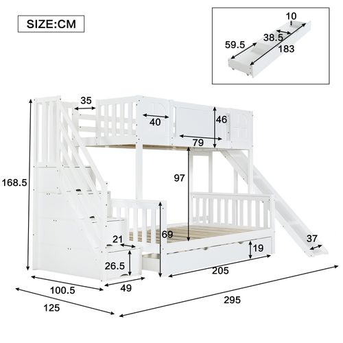 Lit Superposé Avec Fenêtres,90x200cm, Toboggan, Tiroirs à Roulettes Et Escaliers, Blanc
