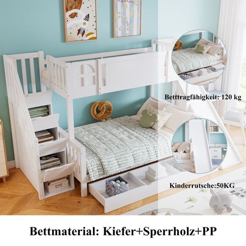 Lit Superposé Avec Fenêtres,90x200cm, Toboggan, Tiroirs à Roulettes Et Escaliers, Blanc