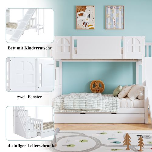 Lit Superposé Avec Fenêtres,90x200cm, Toboggan, Tiroirs à Roulettes Et Escaliers, Blanc