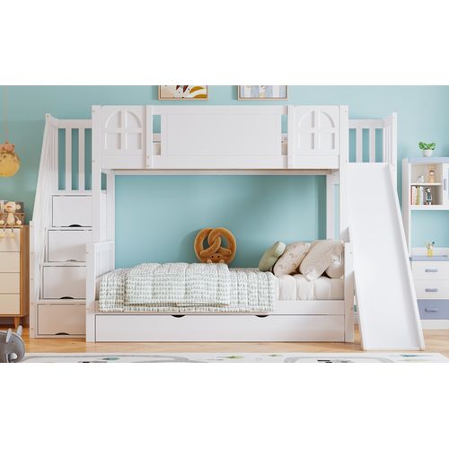 Lit Superposé Avec Fenêtres,90x200cm, Toboggan, Tiroirs à Roulettes Et Escaliers, Blanc