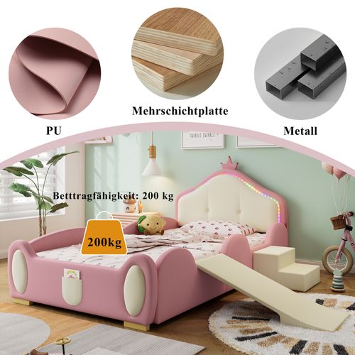 Lit Pour Enfants En Pu Avec Escaliers Et Toboggan, Bandes LED Multi-mode, Rose Et Beige, 90x200cm
