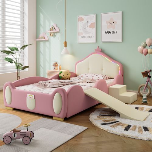 Lit Pour Enfants En Pu Avec Escaliers Et Toboggan, Bandes LED Multi-mode, Rose Et Beige, 90x200cm