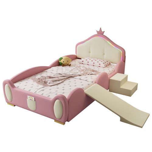 Lit Pour Enfants En Pu Avec Escaliers Et Toboggan, Bandes LED Multi-mode, Rose Et Beige, 90x200cm