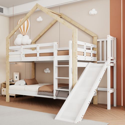 Lit Superposé Bois Massif 90x200 Avec Toboggan Échelle Barrière Lit Maison Enfant Blanc Naturel