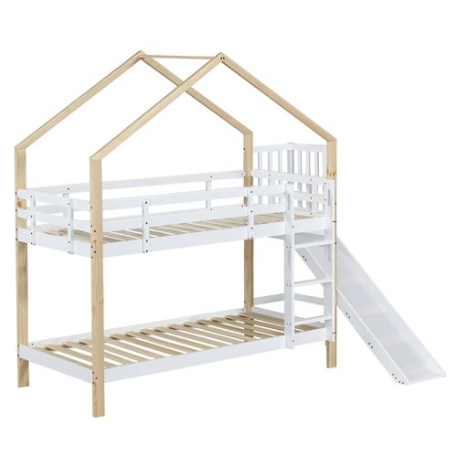 Lit Superposé Bois Massif 90x200 Avec Toboggan Échelle Barrière Lit Maison Enfant Blanc Naturel