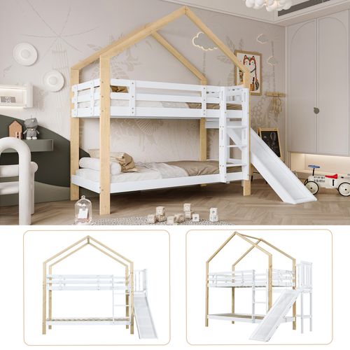 Lit Superposé Bois Massif 90x200 Avec Toboggan Échelle Barrière Lit Maison Enfant Blanc Naturel