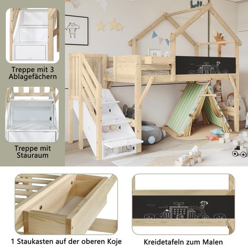 Lit Superposé Pin Mdf Contreplaqué 90x200 Barrière Armoire Escalier Tableau Ardoise Blanc Naturel