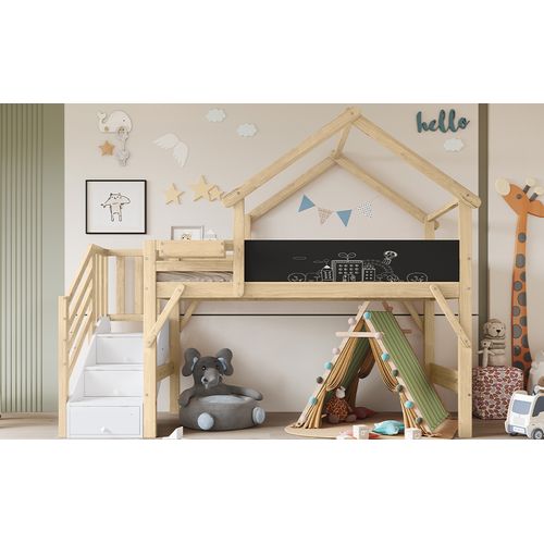 Lit Superposé Pin Mdf Contreplaqué 90x200 Barrière Armoire Escalier Tableau Ardoise Blanc Naturel