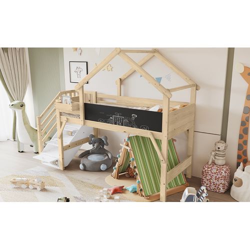 Lit Superposé Pin Mdf Contreplaqué 90x200 Barrière Armoire Escalier Tableau Ardoise Blanc Naturel