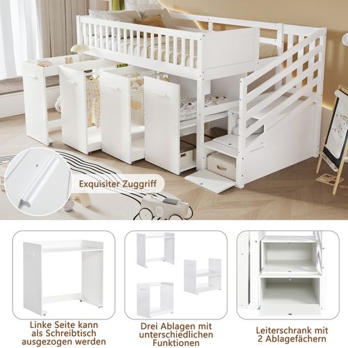 Lit Superposé Pin Mdf 90x200 Avec Barrière Bureau Armoire Rangement Escalier Tiroirs Blanc