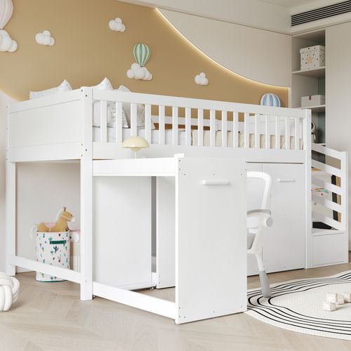 Lit Superposé Pin Mdf 90x200 Avec Barrière Bureau Armoire Rangement Escalier Tiroirs Blanc