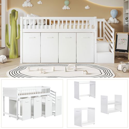 Lit Superposé Pin Mdf 90x200 Avec Barrière Bureau Armoire Rangement Escalier Tiroirs Blanc