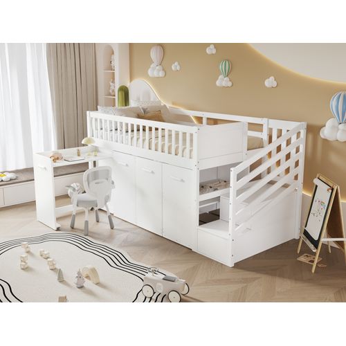 Lit Superposé Pin Mdf 90x200 Avec Barrière Bureau Armoire Rangement Escalier Tiroirs Blanc