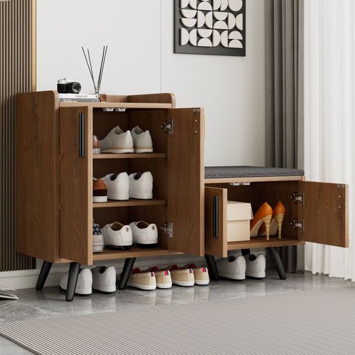 Meuble à Chaussures En Bois Avec Grain,quatre Portes De Rangement,poignées Métalliques,b120/d34/h82