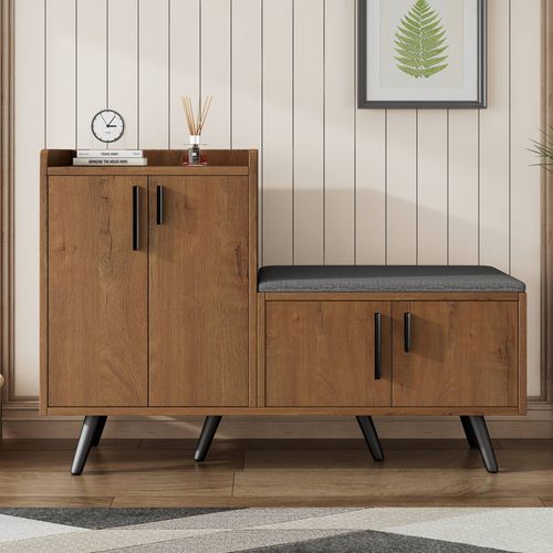 Meuble à Chaussures En Bois Avec Grain,quatre Portes De Rangement,poignées Métalliques,b120/d34/h82