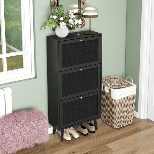 Meuble à Chaussures En Bois Design Bohemian à Rayures Entrelacées, Noir