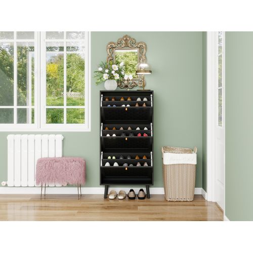 Meuble à Chaussures En Bois Design Bohemian à Rayures Entrelacées, Noir