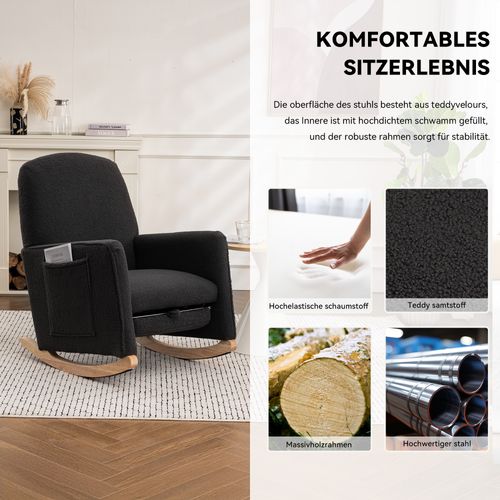 Fauteuil à Bascule Tissu Peluche, Dossier Haut, Avec Tabouret, Intérieur Salon, ,gris Foncé