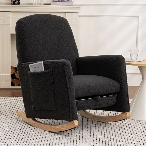 Fauteuil à Bascule Tissu Peluche, Dossier Haut, Avec Tabouret, Intérieur Salon, ,gris Foncé