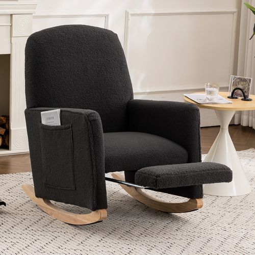 Fauteuil à Bascule Tissu Peluche, Dossier Haut, Avec Tabouret, Intérieur Salon, ,gris Foncé