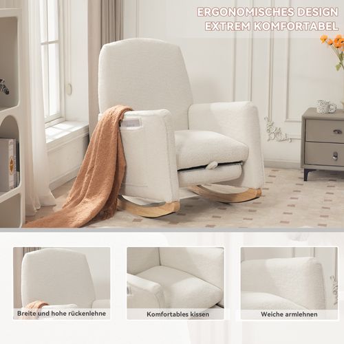 Fauteuil à Bascule Tissu Peluche, Dossier Haut, Avec Tabouret, Intérieur Salon, ,blanc