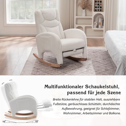 Fauteuil à Bascule Tissu Peluche, Accoudoirs Rembourrés, Style Chambre Détente, ,blanc