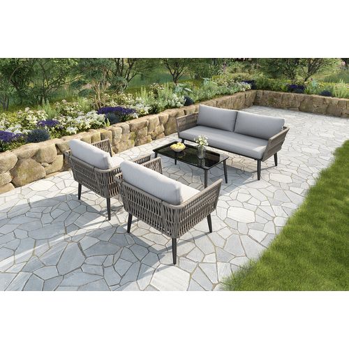 Salon De Jardin Corde Métal 4 Pièces 2 Fauteuils, Canapé 2 Places, Table, Coussins , Gris