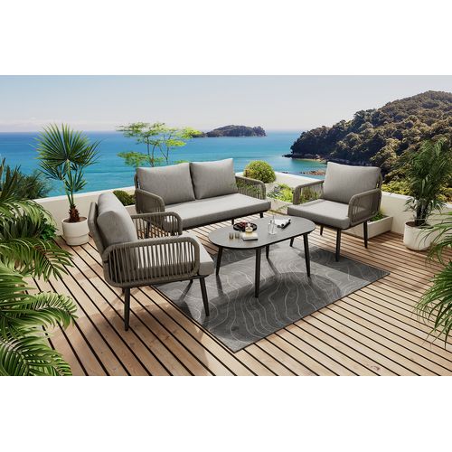 Salon De Jardin Corde Métal 4 Pièces Canapé 2 Places, Fauteuils, Plateau Bois Imitation , Gris