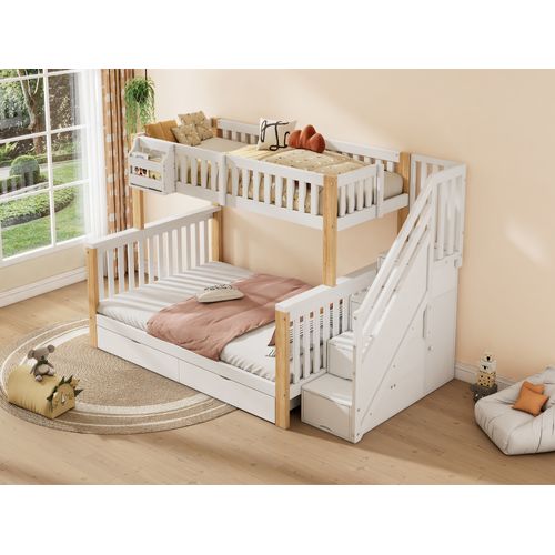 Lit Superposé Bois Mdf 90x200 140x200 Avec Escalier Placard Paniers Tiroir Lit Double Blanc Naturel