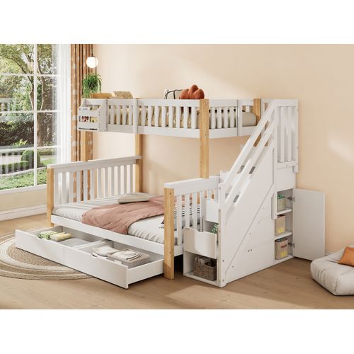 Lit Superposé Bois Mdf 90x200 140x200 Avec Escalier Placard Paniers Tiroir Lit Double Blanc Naturel
