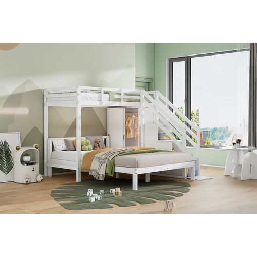 Lit Superposé Bois Mdf 90x200 140x200 Avec Placard Tiroirs Table Roulante Grand Rangement Blanc