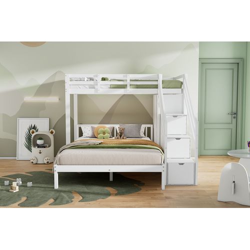 Lit Superposé Bois Mdf 90x200 140x200 Avec Placard Tiroirs Table Roulante Grand Rangement Blanc