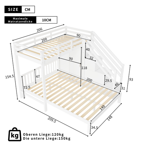 Lit Superposé Bois Mdf 90x200 140x200 Avec Placard Tiroirs Table Roulante Grand Rangement Blanc