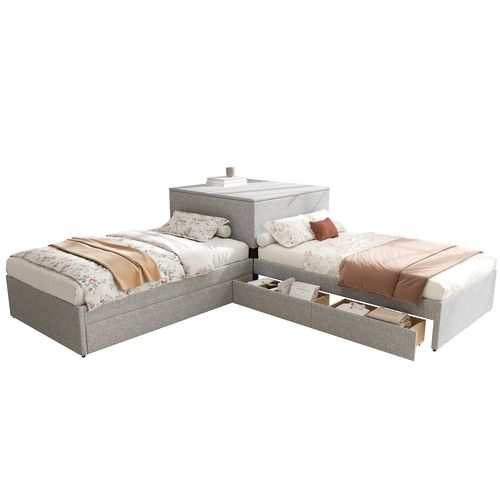 Lit Fonctionnel En Lin, Avec Lit Gigogne, Espace De Rangement, 90x200 Cm, Gris