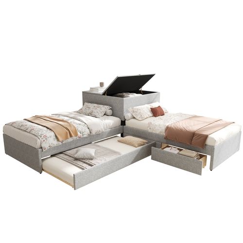 Lit Fonctionnel En Lin, Avec Lit Gigogne, Espace De Rangement, 90x200 Cm, Gris