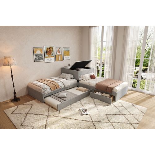 Lit Fonctionnel En Lin, Avec Lit Gigogne, Espace De Rangement, 90x200 Cm, Gris
