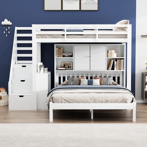 Lit Superposé Bois Mdf 90x200 Avec Bureau Escamotable Placard Tiroirs Étagères ,  Blanc