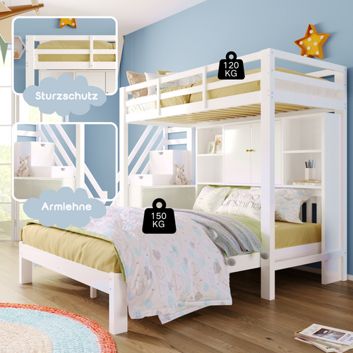 Lit Superposé Bois Mdf 90x200 Avec Bureau Escamotable Placard Tiroirs Étagères ,  Blanc