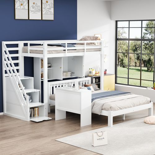 Lit Superposé Bois Mdf 90x200 Avec Bureau Escamotable Placard Tiroirs Étagères ,  Blanc