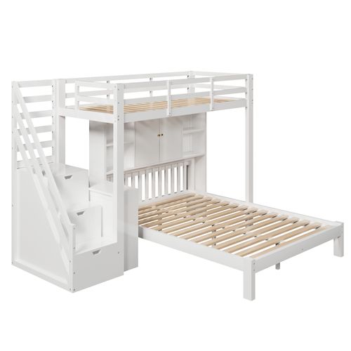 Lit Superposé Bois Mdf 90x200 Avec Bureau Escamotable Placard Tiroirs Étagères ,  Blanc