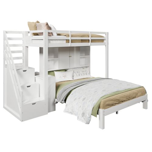 Lit Superposé Bois Mdf 90x200 Avec Bureau Escamotable Placard Tiroirs Étagères ,  Blanc