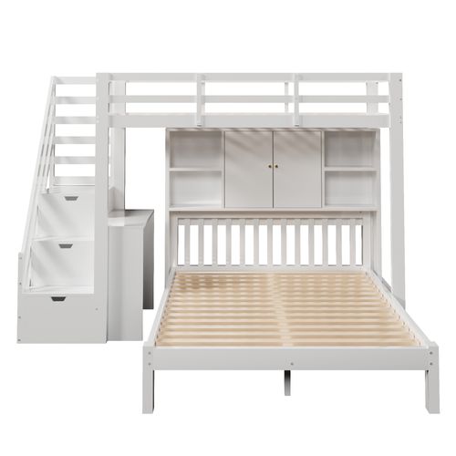 Lit Superposé Bois Mdf 90x200 Avec Bureau Escamotable Placard Tiroirs Étagères ,  Blanc