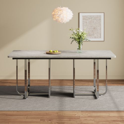 Table Salle à Manger 180x80x75 Cm, Moderne, Stable, Métal, Pour 6 Personnes, Gris+argent