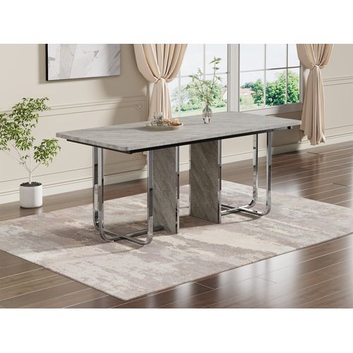 Table Salle à Manger 180x80x75 Cm, Moderne, Stable, Métal, Pour 6 Personnes, Gris+argent