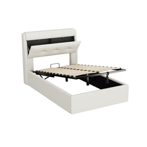 Lit Rembourré, Pu, Avec Espace De Rangement, Tête De Lit Cachée, 90*200, Blanc